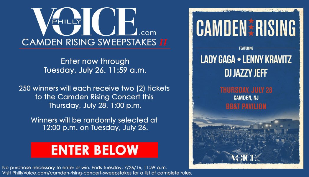 Enter to win one of 250 pairs of tickets to the Camden Rising Concert on Thursday, July 28th at 1pm, featuring Lady Gaga, Lenny Kravitz and DJ Jazzy Jeff.