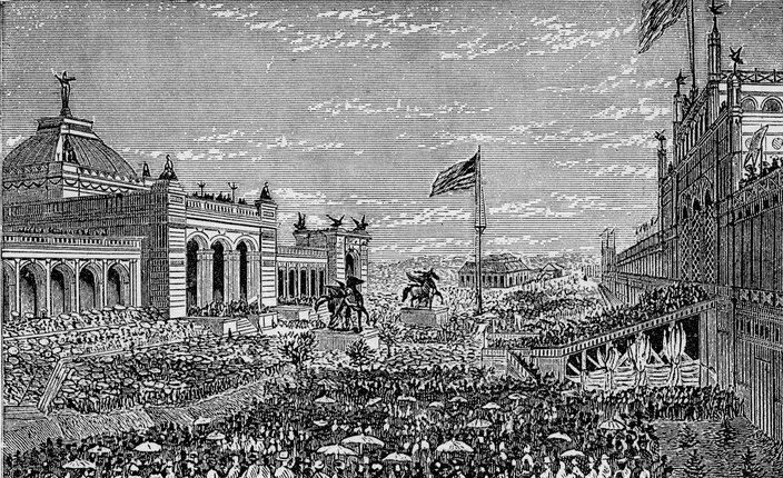 Black-and-white illustration of the 1876 Centennial Exposition in Philadelphia
