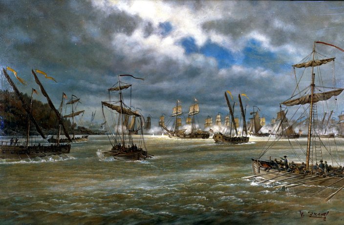 Oil painting of ships on Lake Champlain during the Battle of Valcour Island in the Revolutionary War.
