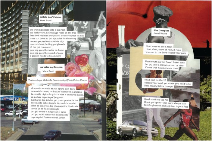 Two collages with printed poems titled 'bullets don't bloom' and 'The Compass'