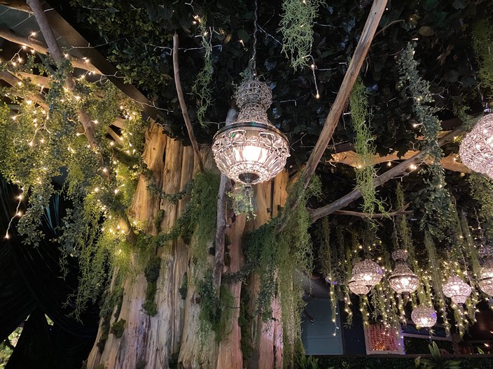 Chandeliers, fake moss and fairy lights hang from a fake tree.