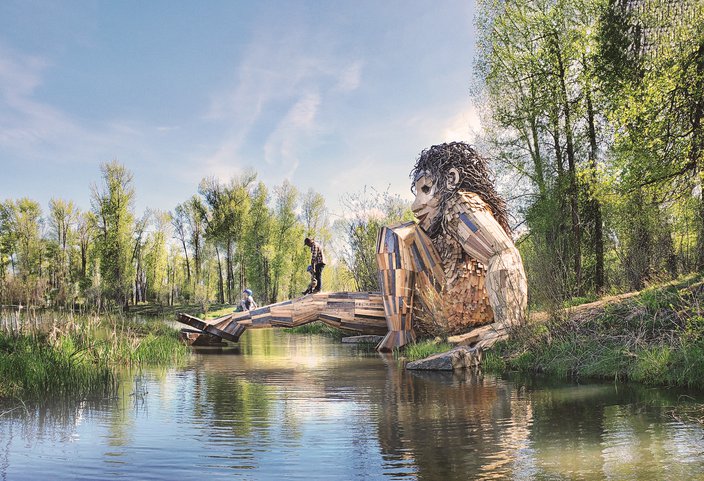 A troll sculpture made of recycled materials in Jackson Hole, Wyoming