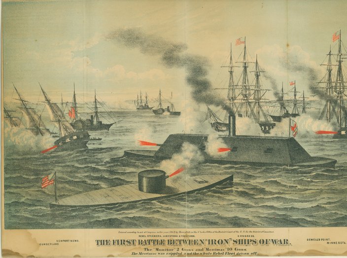 An illustration of a naval battle between the ironclad warships USS Monitor and CSS Virginia (aka Merrimack).