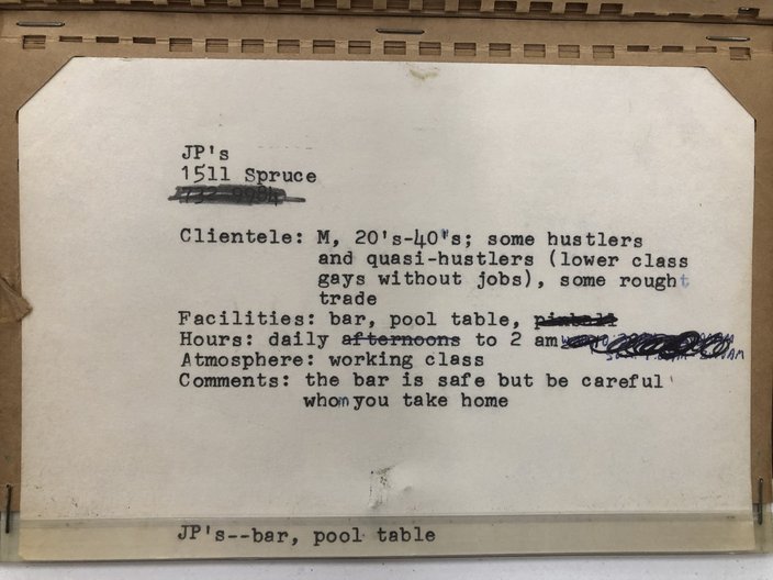 White card with typed text about JP's bar on 1511 Spruce Street