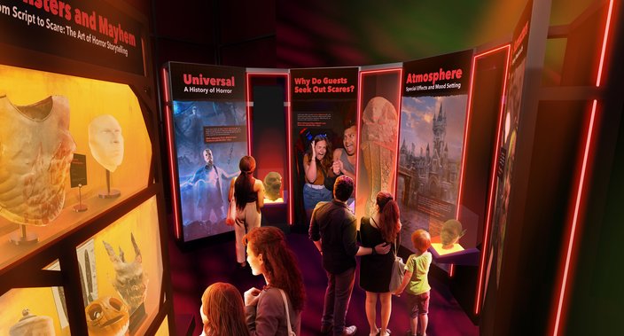 A rendering of a horror-themed museum display from the upcoming 'Universal Themes Parks: The Exhibition'