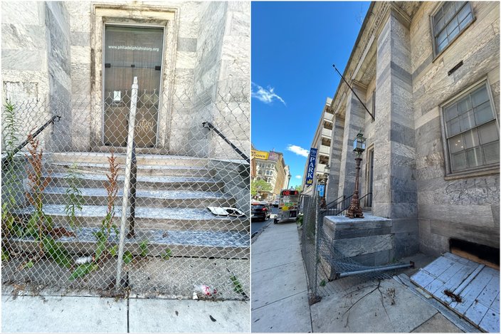 Two images of the former Philadelphia History Museum building, surrounded by a broken fence