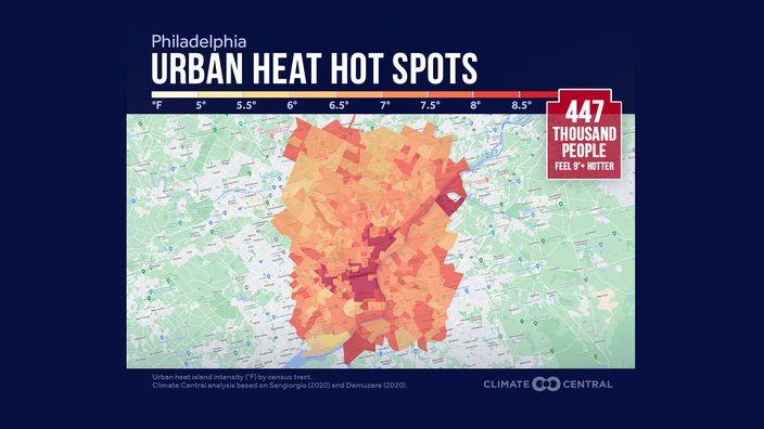 Map of Philadelphia areas experiencing temperature increases from the urban heat island effect