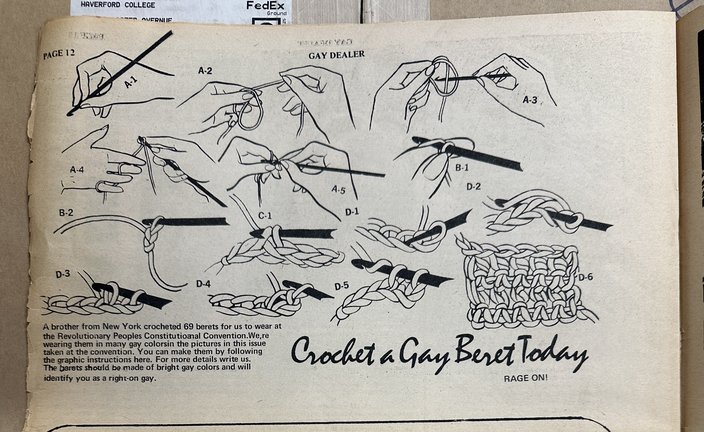 Black-and-white newsprint with illustrated instructions for how to 'Crochet a Gay Beret Today'