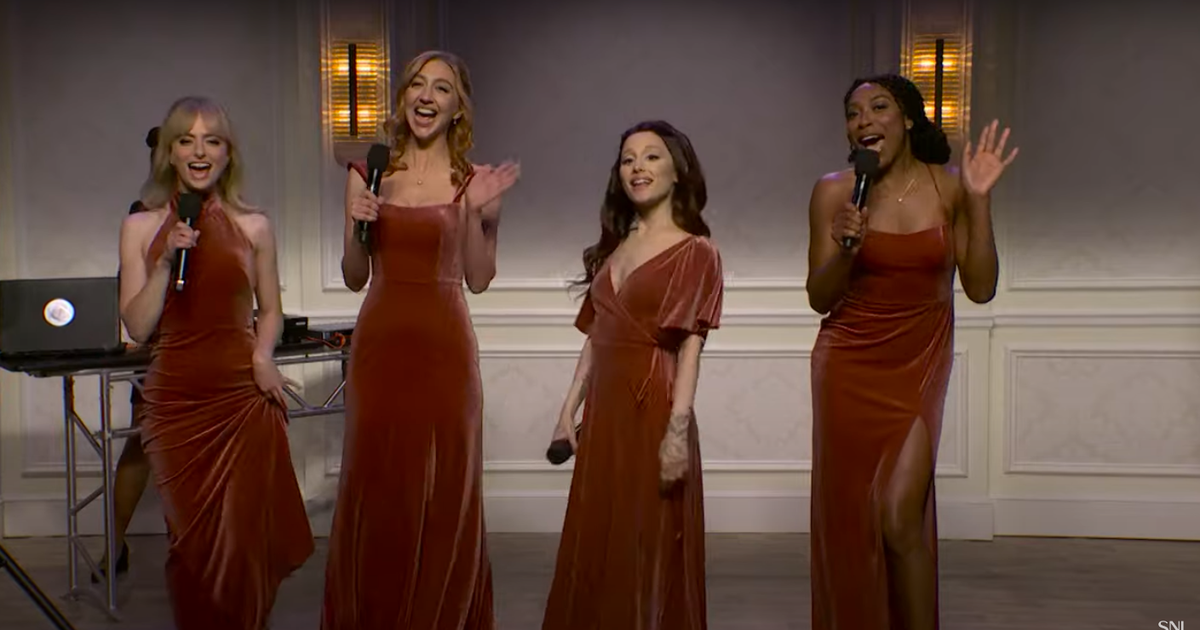 ariana grande snl brown dress Ariana Grande teases 'SNL' in Carol Burnett's '70s Bob Mackie dress