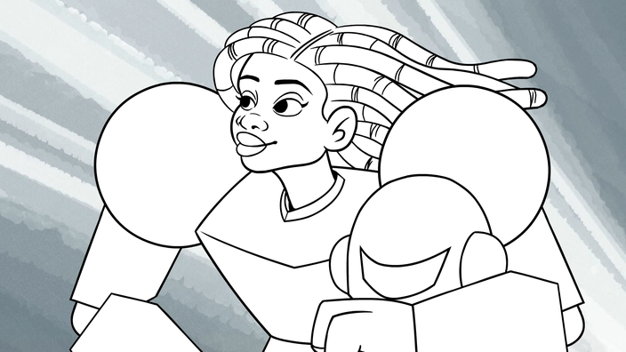 Black-and-white animation of a woman in armor