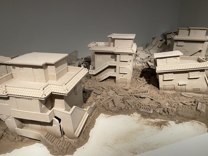 Unfired clay sculptures of buildings modeled on the Seoul neighborhood of Hwigyeong
