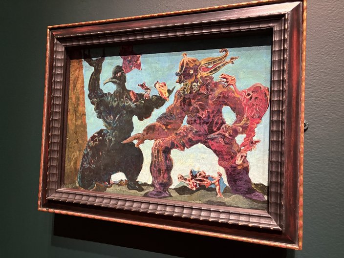 Bird-like monsters in an oil painting inside a textured frame.