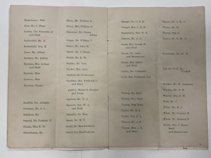 Two printed pages listing first-class passengers on the Titanic