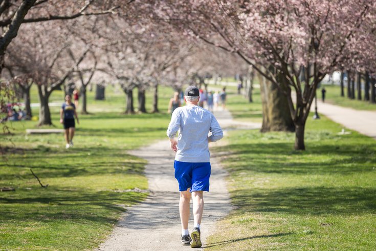 Stock_Carroll - Running along the Schuylkill River Trail on a spring a day with cherry blossoms