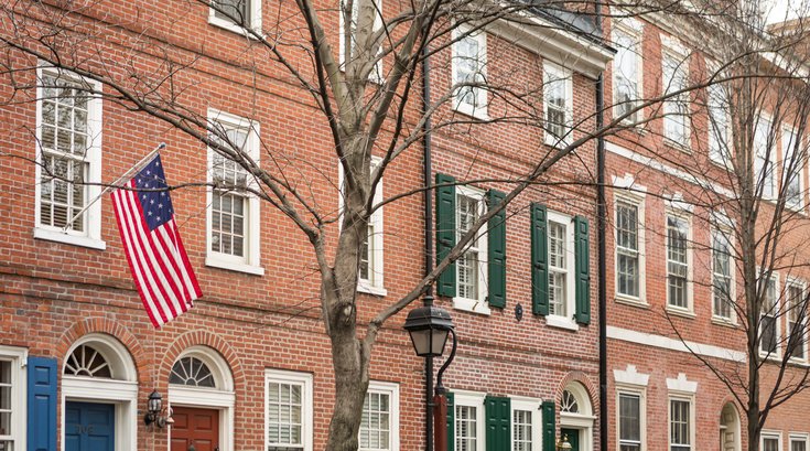 American flag hangs on row house in Society Hill