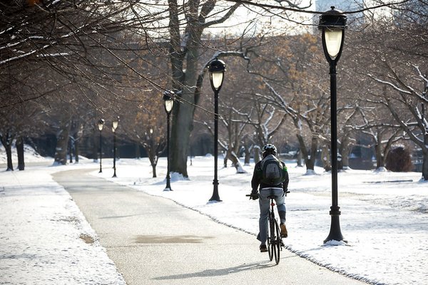 Riding bike along a snowy trail in Philly