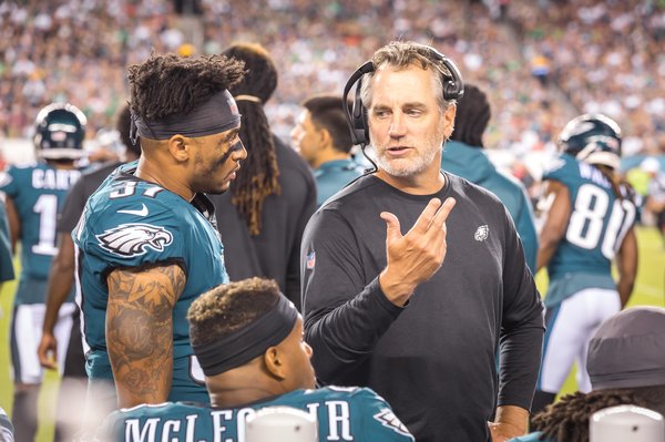 Carroll - Philadelphia Eagles Safety Tre Sullivan and defensive backs Coach Cory Undlin.
