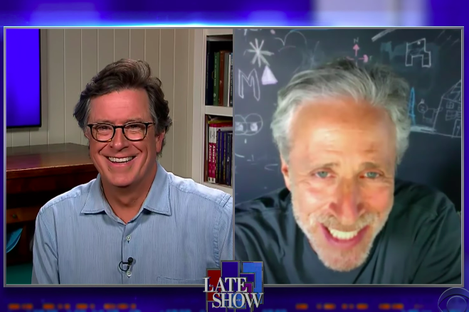 Jon Stewart visits pal Stephen Colbert, calls Joe Biden 'man of the ...