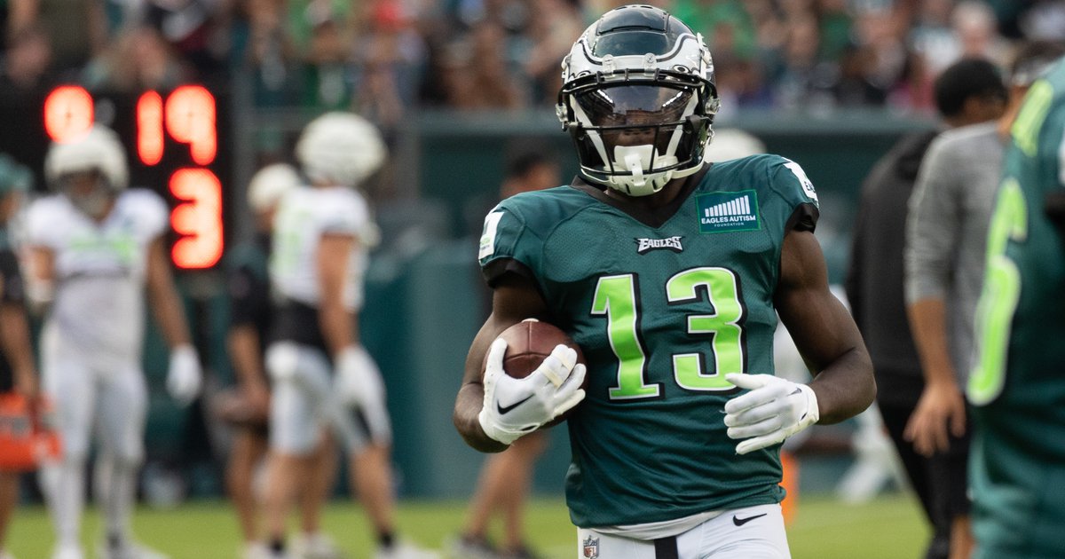 Philadelphia Eagles' Olamide Zaccheaus plays during an NFL football game,  Thursday, Sept. 14, 2023, in Philadelphia. (AP Photo/Matt Slocum Stock  Photo - Alamy