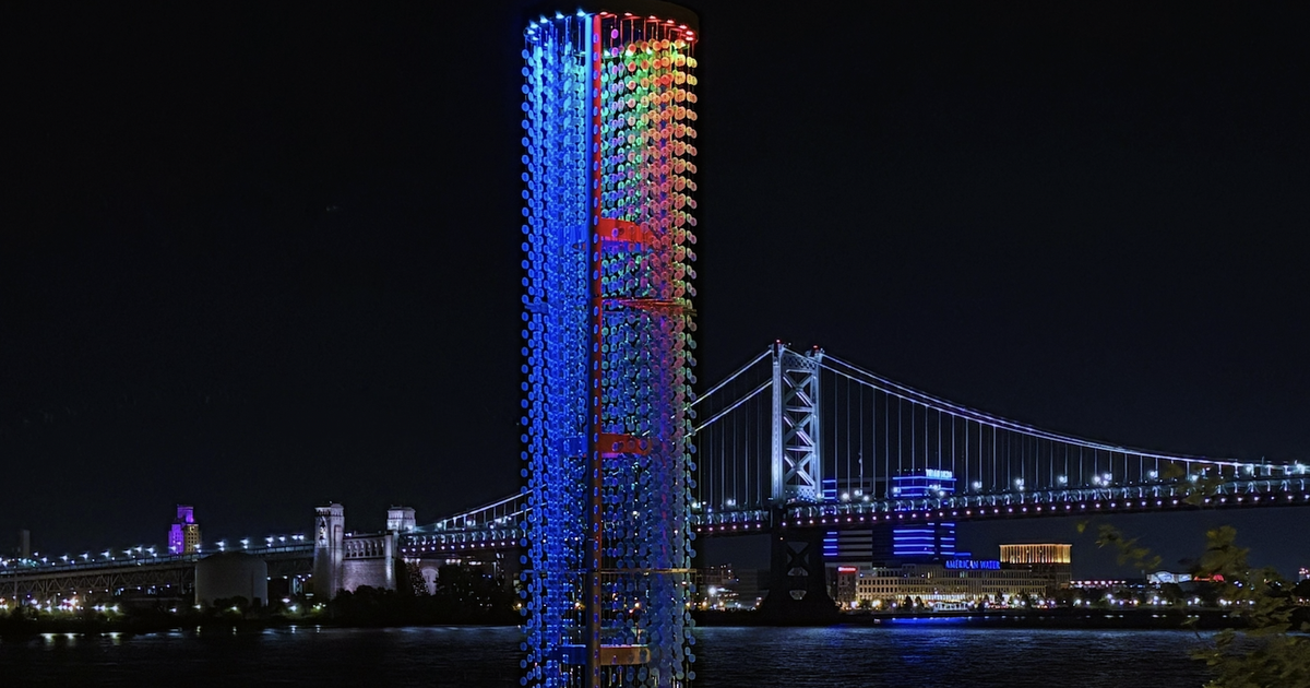 A 60-foot-tall sculpture in Northern Liberties now glows on the Delaware River waterfront
