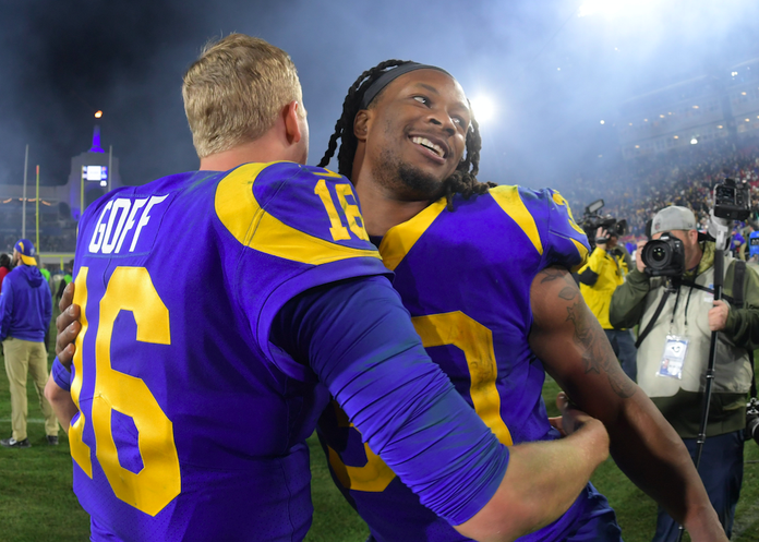 Los Angeles Rams quarterback Jared Goff (16) and running back Todd