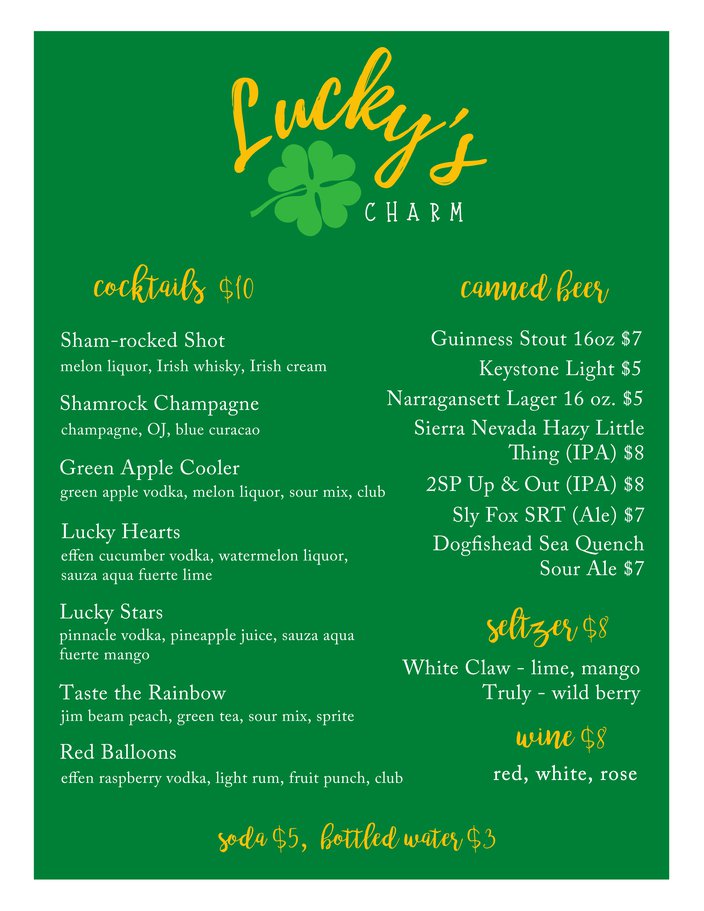 St. Patrick's Day pop-up bar Lucky's Charm menu