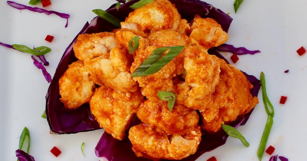 Healthy Recipe Buffalo Cauliflower “Wings” Tacos with Avocado Cream