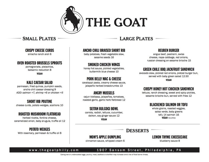 The Goat restaurant in Rittenhouse menu