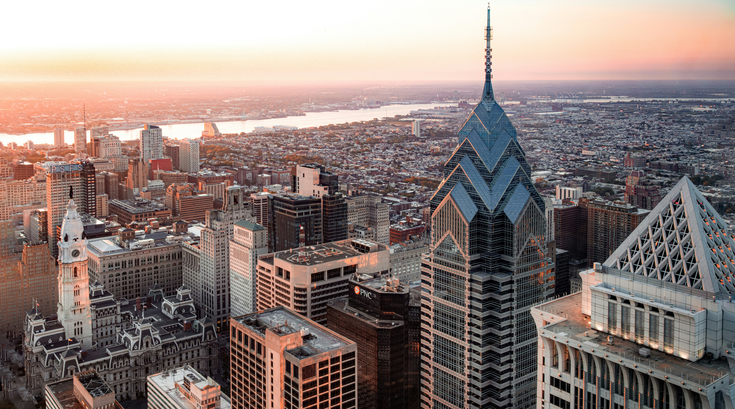 Aerial shot of Philly at Sunset or Sunrise