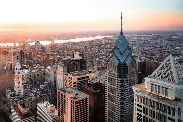 Aerial shot of Philly at Sunset or Sunrise