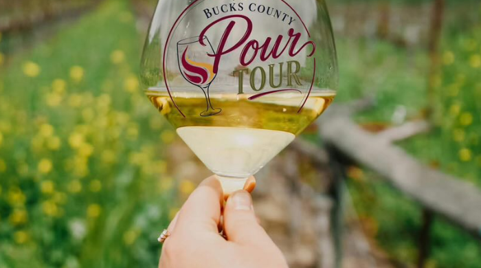 A commemorative wine glass for the inaugural Bucks County Pour Tour