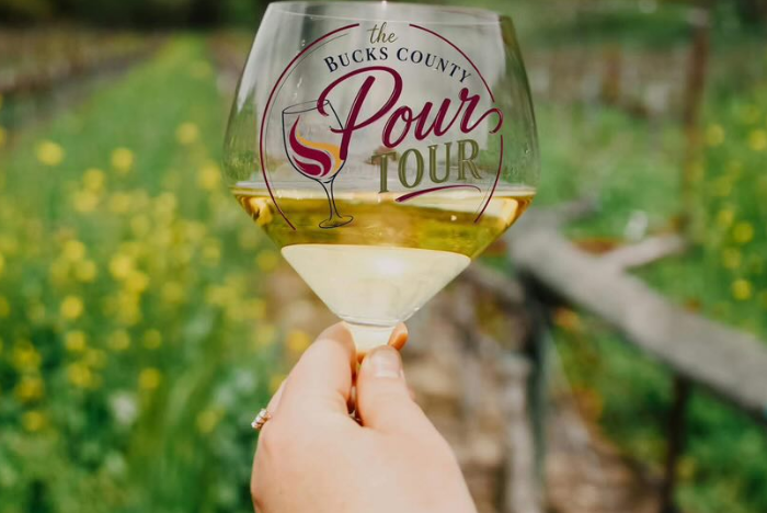 A commemorative wine glass for the inaugural Bucks County Pour Tour