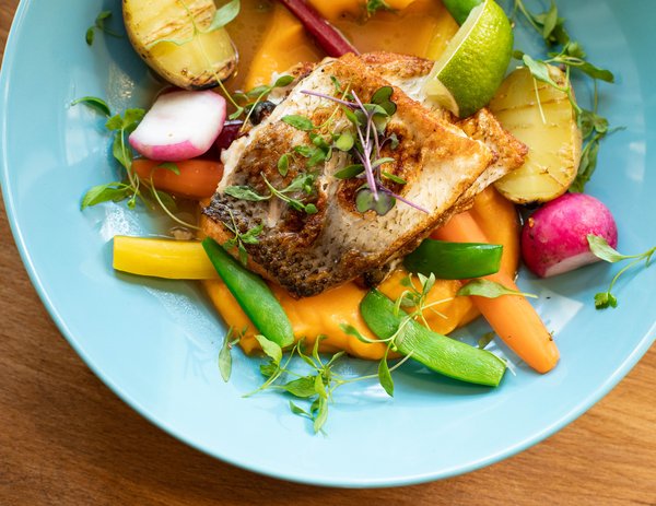 Fried fish over vegetables on teal plate