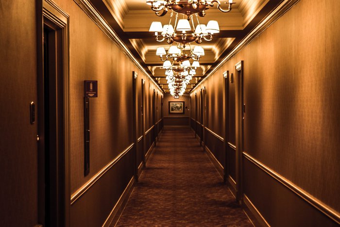 Hotel hallway dark and grim