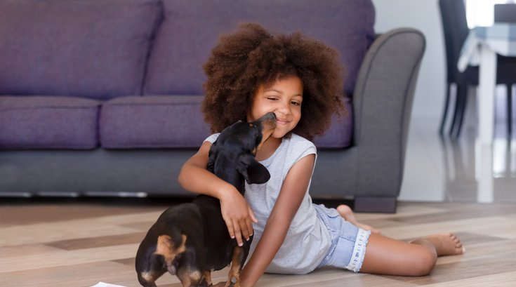 Purchased - Little girl playing with a puppy on floor
