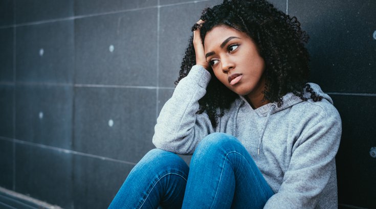 Purchased - Anxious teenager sitting against a wall