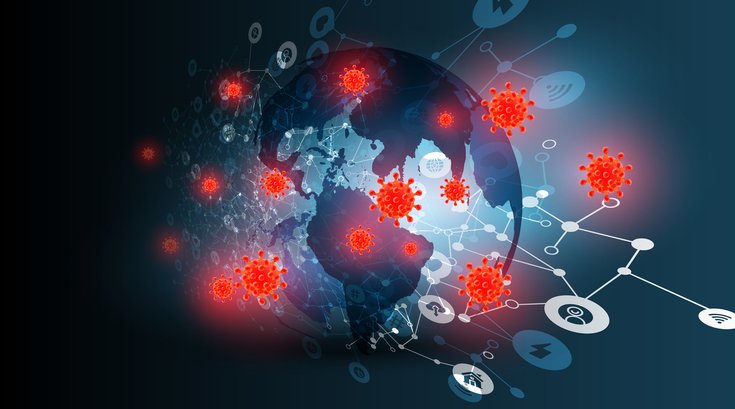 Purchased - Blue abstract network backround with globe coronavirus