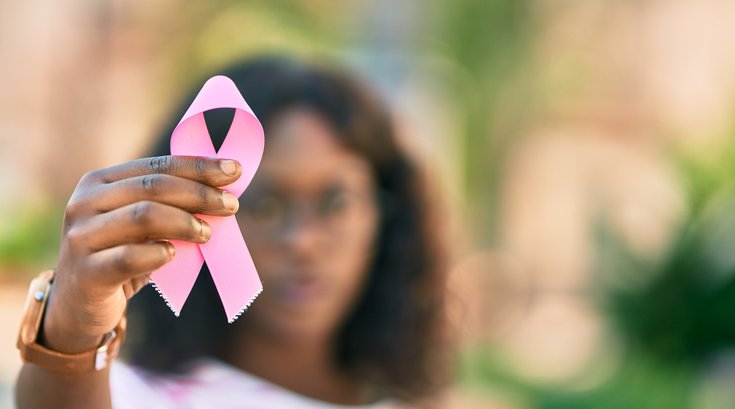 Purchased - Woman holding pink breast cancer ribbon