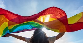 Purchased - Young woman waving Pride flag