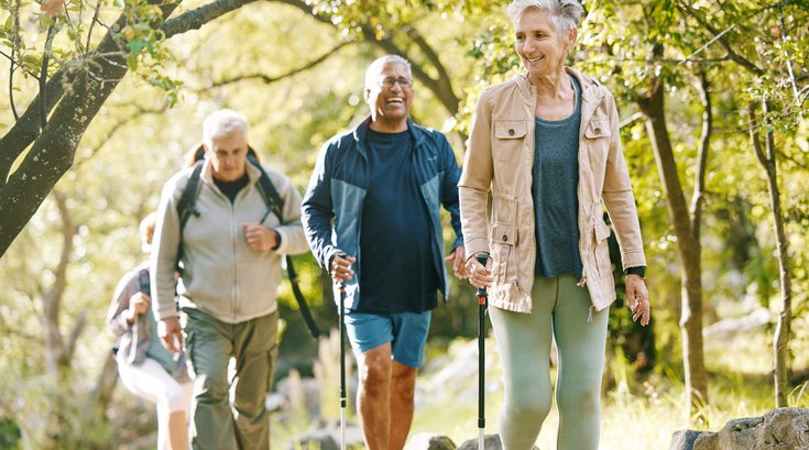 Purchased - Hiking, elderly and people, happy outdoor with nature, fitness and fun in park