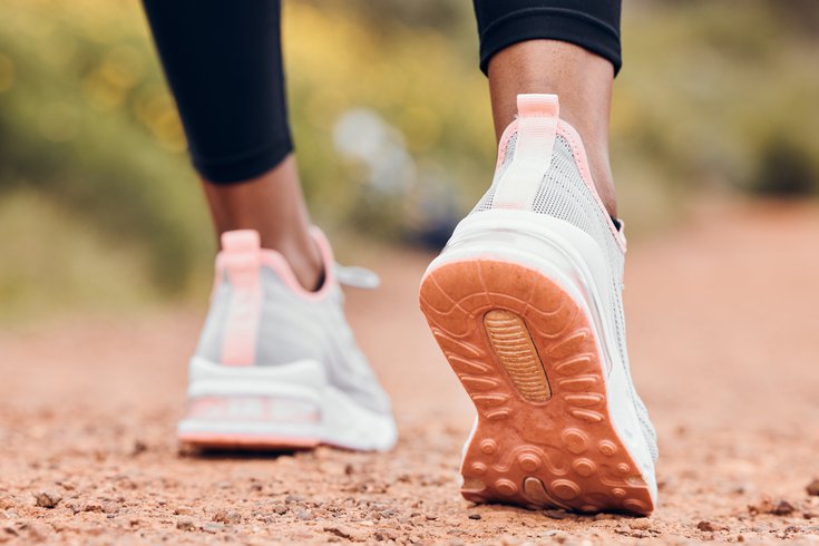 Purchased - Shoes, fitness and person walking or hiking for outdoor exercise