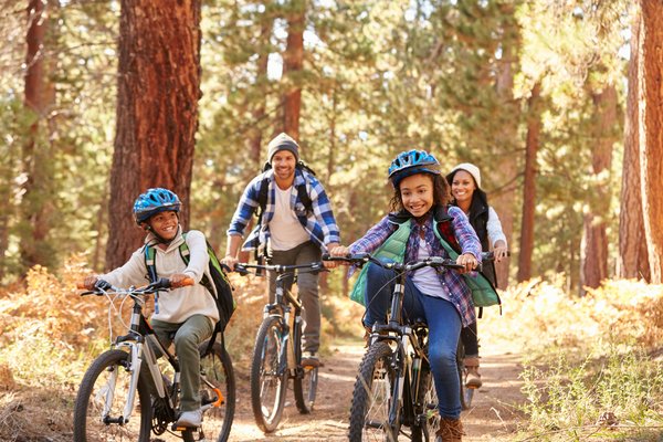 Family riding bikes in the woods