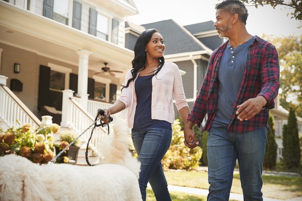 Purchased - Couple Walking Dog Along Suburban Street