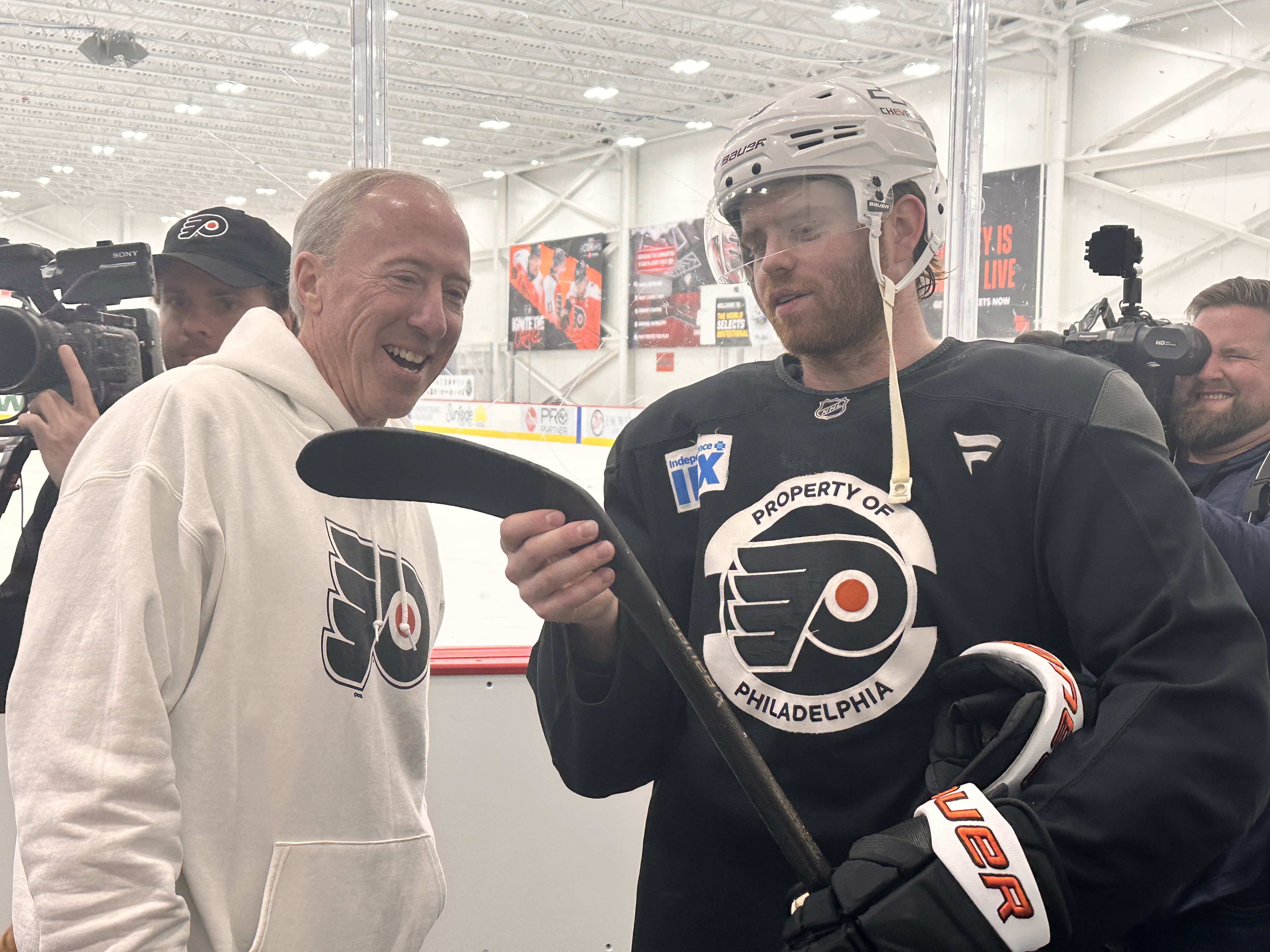 The Flyers fan who caught Cam York's series-winning stick got it back to him